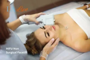 Woman having Hi-Fu to reduce wrinkles Edmonton.