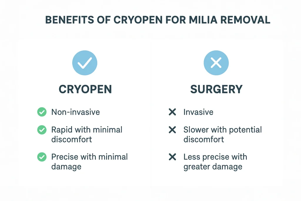 Benefits of cryopen for milia removal Edmonton compared to surgical treatments.