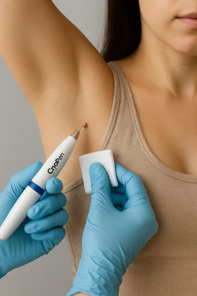 woman having cryopen to remove underarm skin tags Edmonton