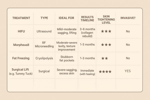 Table showing the comparisons of Skin tightening Edmonton treatment options.